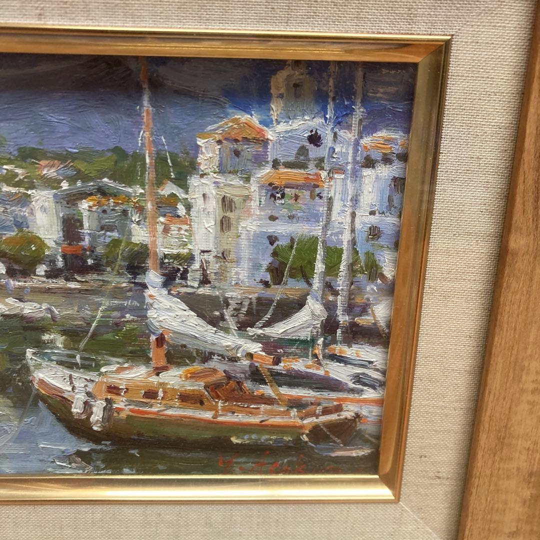港の風景画 油彩画 木製フレーム　麻倉雄一郎