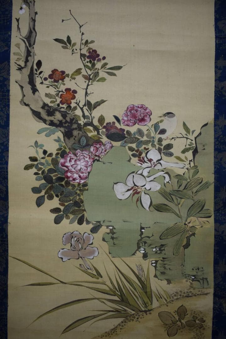 真作/米宮三人/四季花/小禽図/布袋屋掛軸HG-371