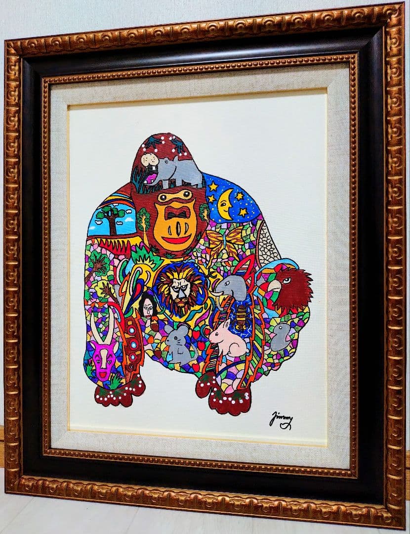 【F6号】ジミー大西【ゴリラ】手描き作品/表裏サイン/油彩/アクリル/絵画/額縁