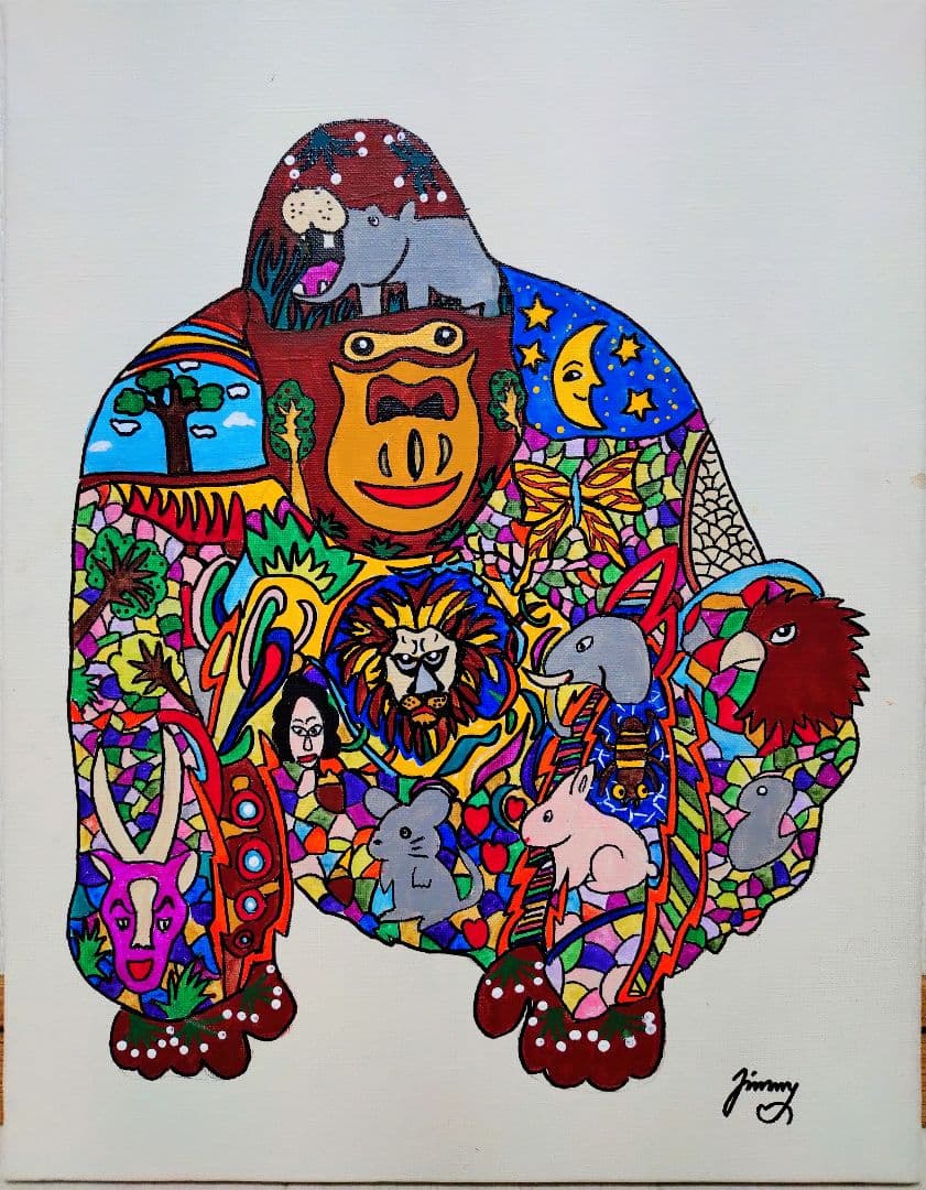 【F6号】ジミー大西【ゴリラ】手描き作品/表裏サイン/油彩/アクリル/絵画/額縁