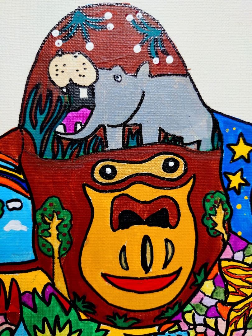 【F6号】ジミー大西【ゴリラ】手描き作品/表裏サイン/油彩/アクリル/絵画/額縁