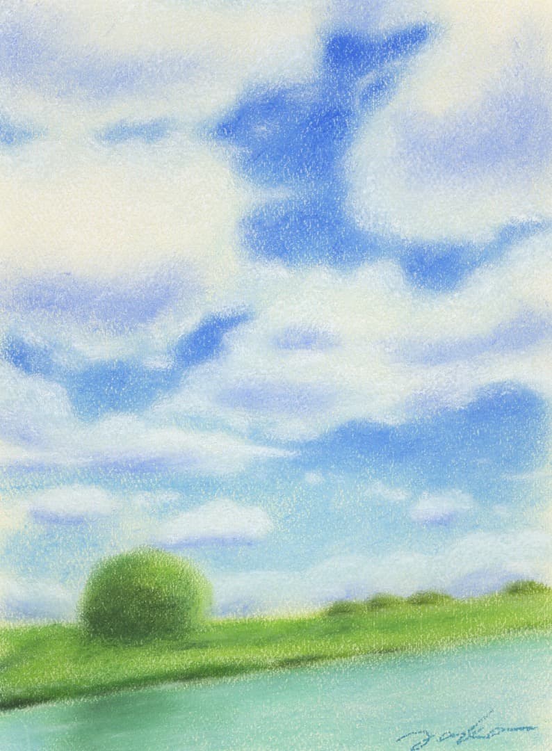 パステル画（原画）河のある風景。