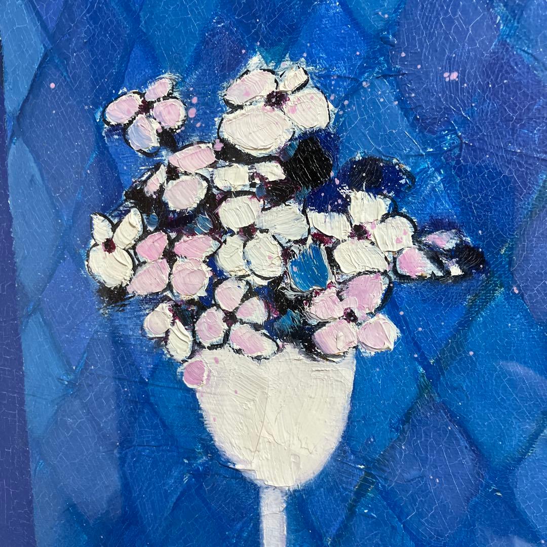 アンドレ・ヴィギュド抽象油彩画 花瓶に花 青系