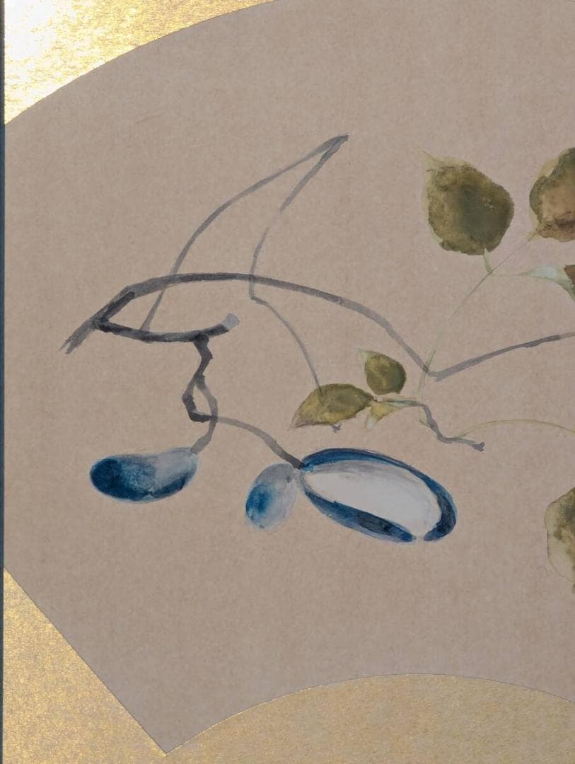 【真作】絵画　日本画（色紙）　実と葉　雅趣あふれる果実図　扇面仕立て　Z108