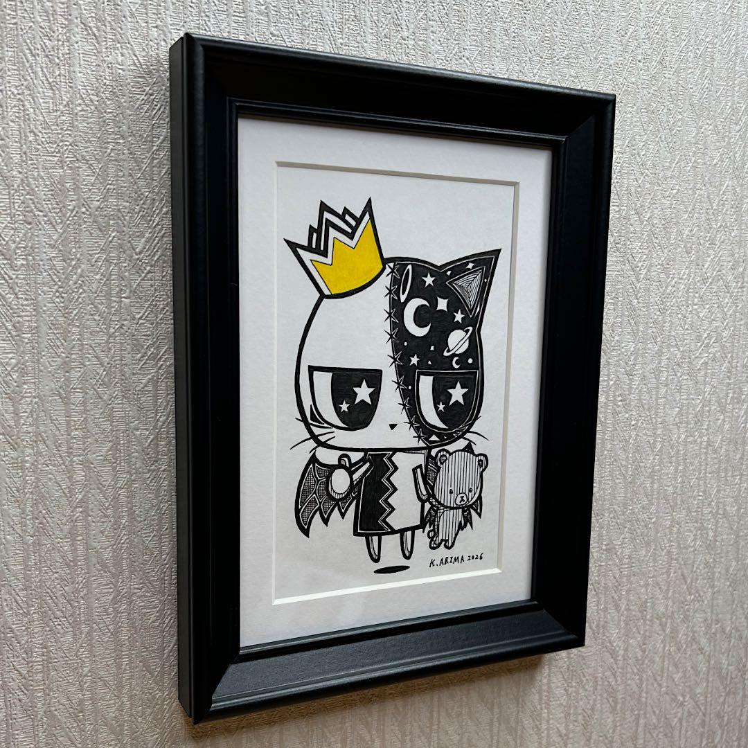 動物 原画 絵 手描き 癒し 猫 一点物 額縁付き 『ララちゃんときどき小悪魔』