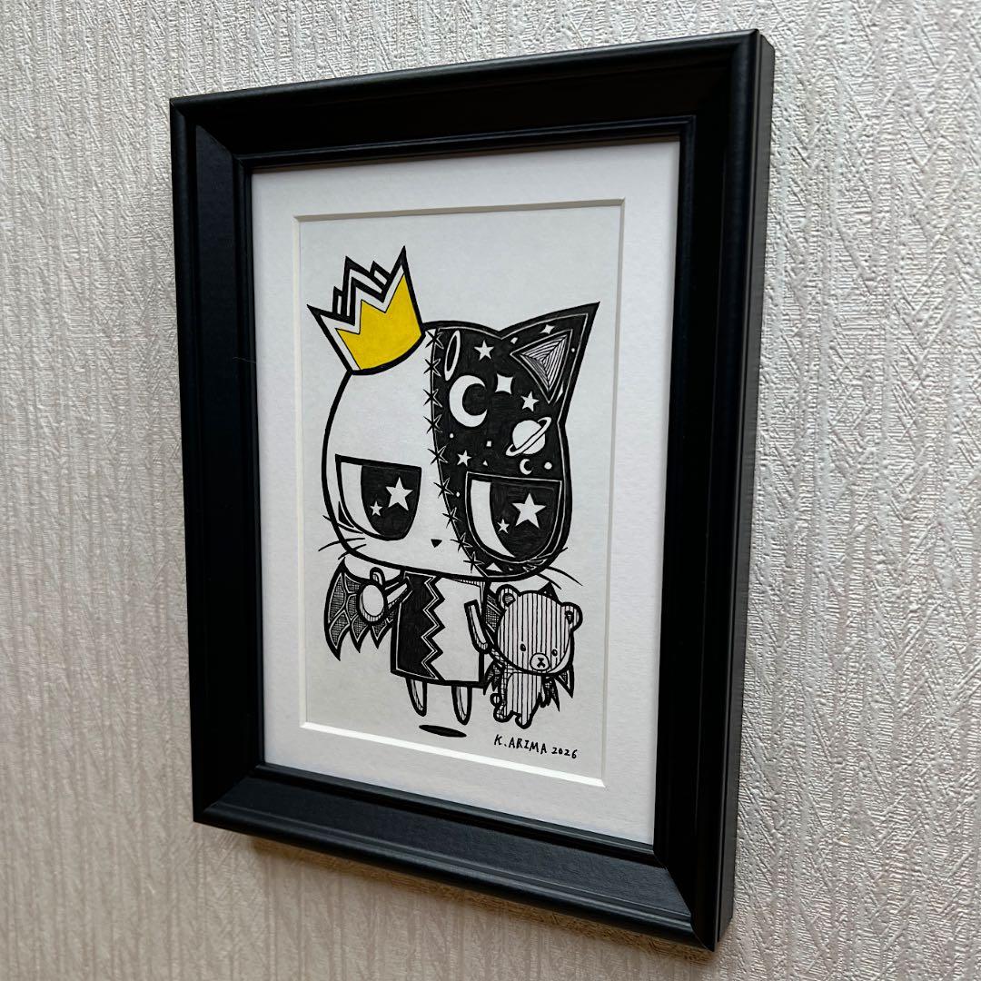動物 原画 絵 手描き 癒し 猫 一点物 額縁付き 『ララちゃんときどき小悪魔』