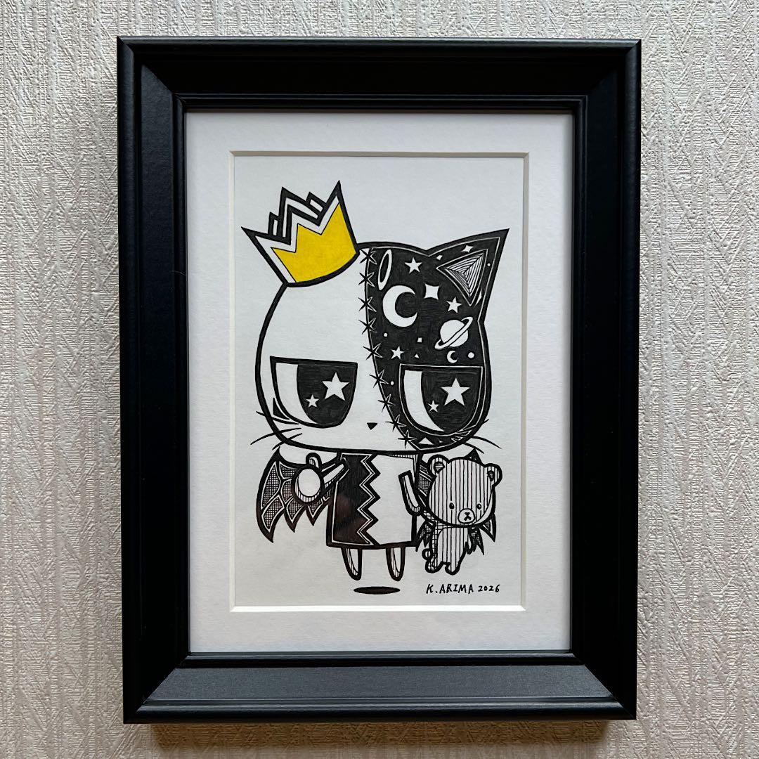 動物 原画 絵 手描き 癒し 猫 一点物 額縁付き 『ララちゃんときどき小悪魔』