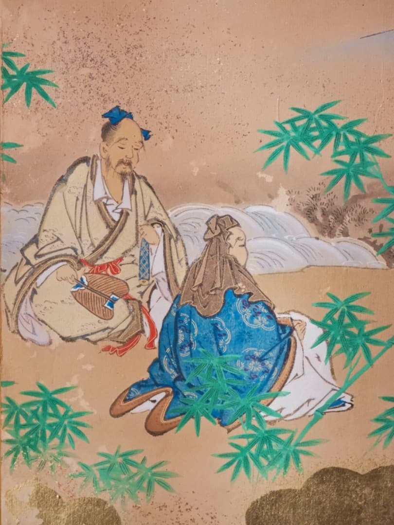 唐人物　対屏風　八曲一双　絵画　紙本金地着色　装飾　調度　箱付　Q2400