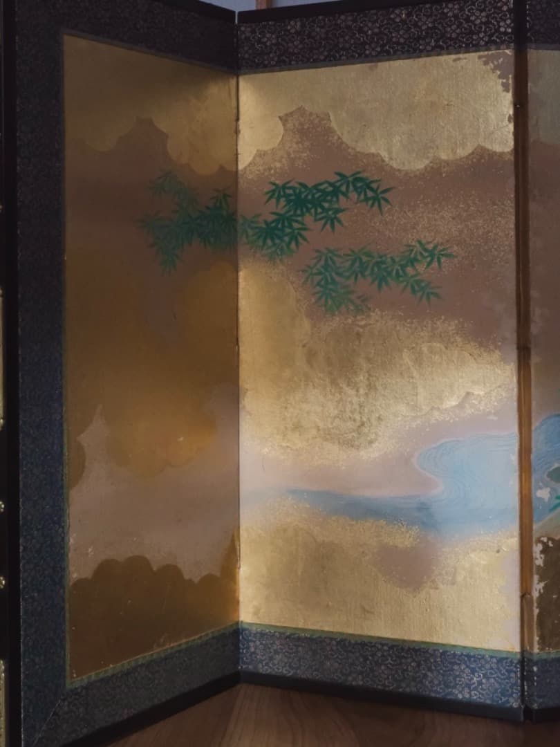 唐人物　対屏風　八曲一双　絵画　紙本金地着色　装飾　調度　箱付　Q2400