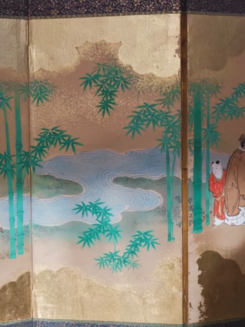 唐人物　対屏風　八曲一双　絵画　紙本金地着色　装飾　調度　箱付　Q2400