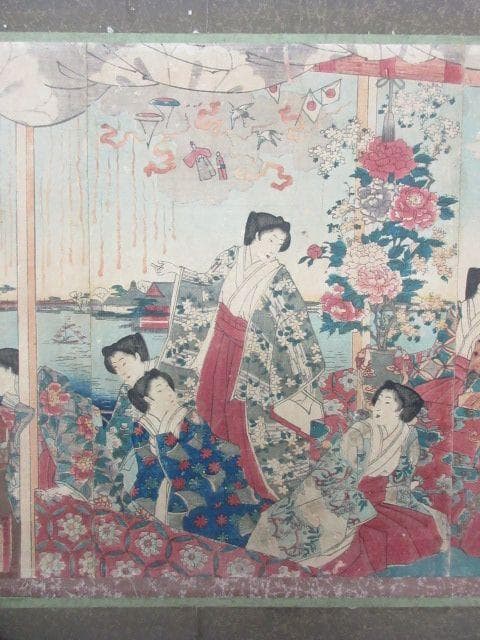 楊洲周廷木版画三枚綴り二点貼付額 [B28669]