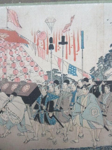 楊洲周廷木版画三枚綴り二点貼付額 [B28669]