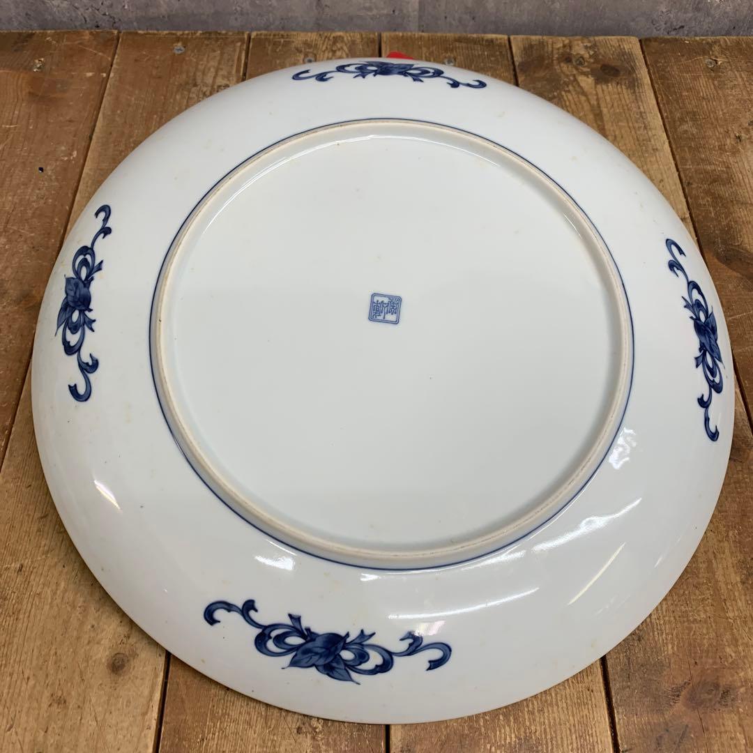 D-4 【極美品】有田焼・伊万里焼 染付 山水窓絵 牡丹 飾り大皿