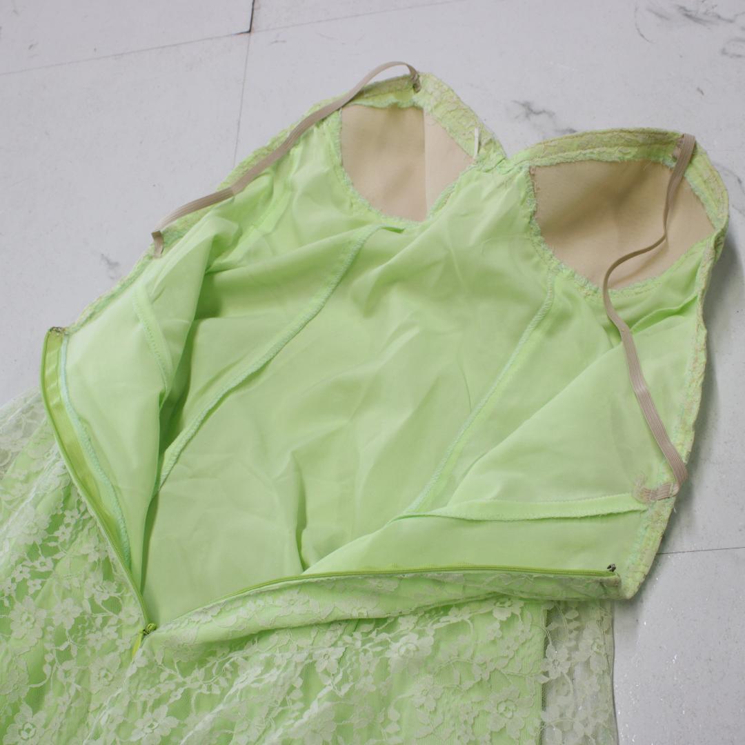 【美品 社交ダンス衣装】ワンピースドレス 黄緑 ライトグリーン フェミニン 花柄