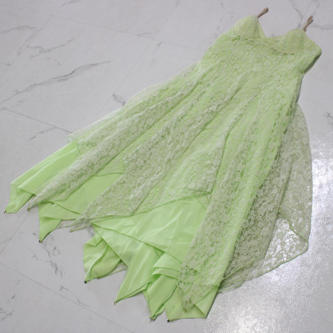 【美品 社交ダンス衣装】ワンピースドレス 黄緑 ライトグリーン フェミニン 花柄