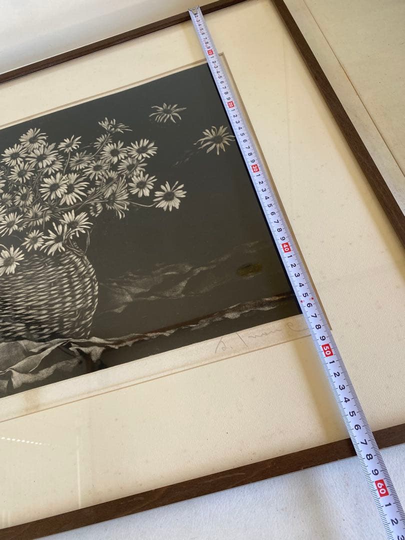 井上篤　鳩笛と花　版画　銅版画　額縁入り