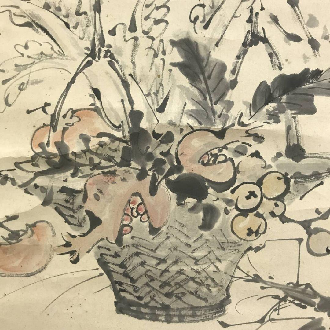 真作/藤田苔巖/果物に蟹図/カニ/花鳥図/掛軸/名家伝来/AK-988