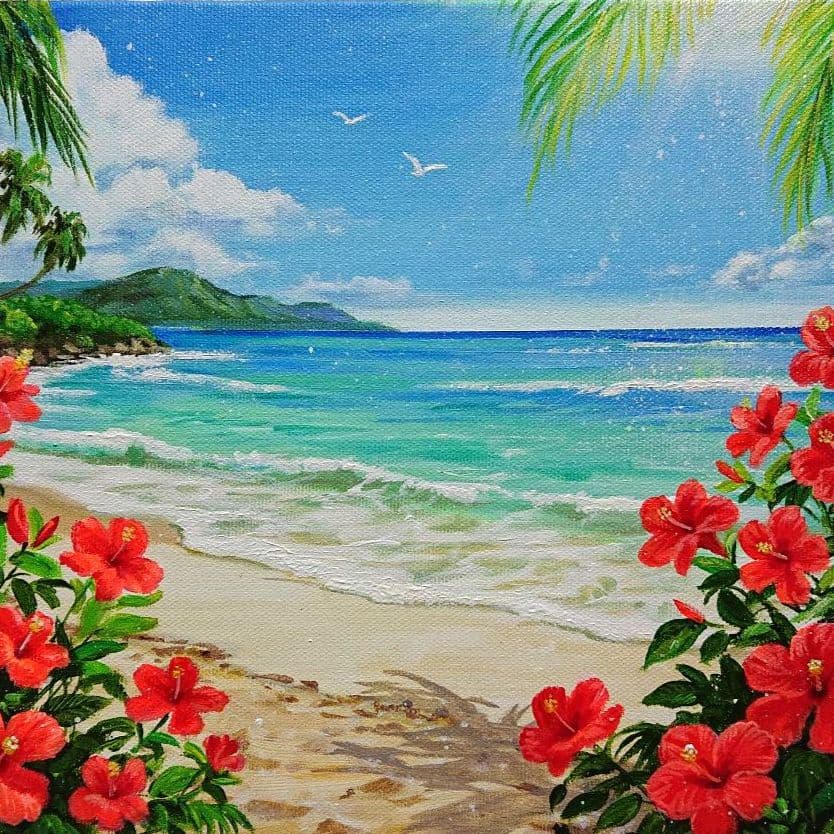 【常夏の花】アクリル画 F3 風景画 絵画