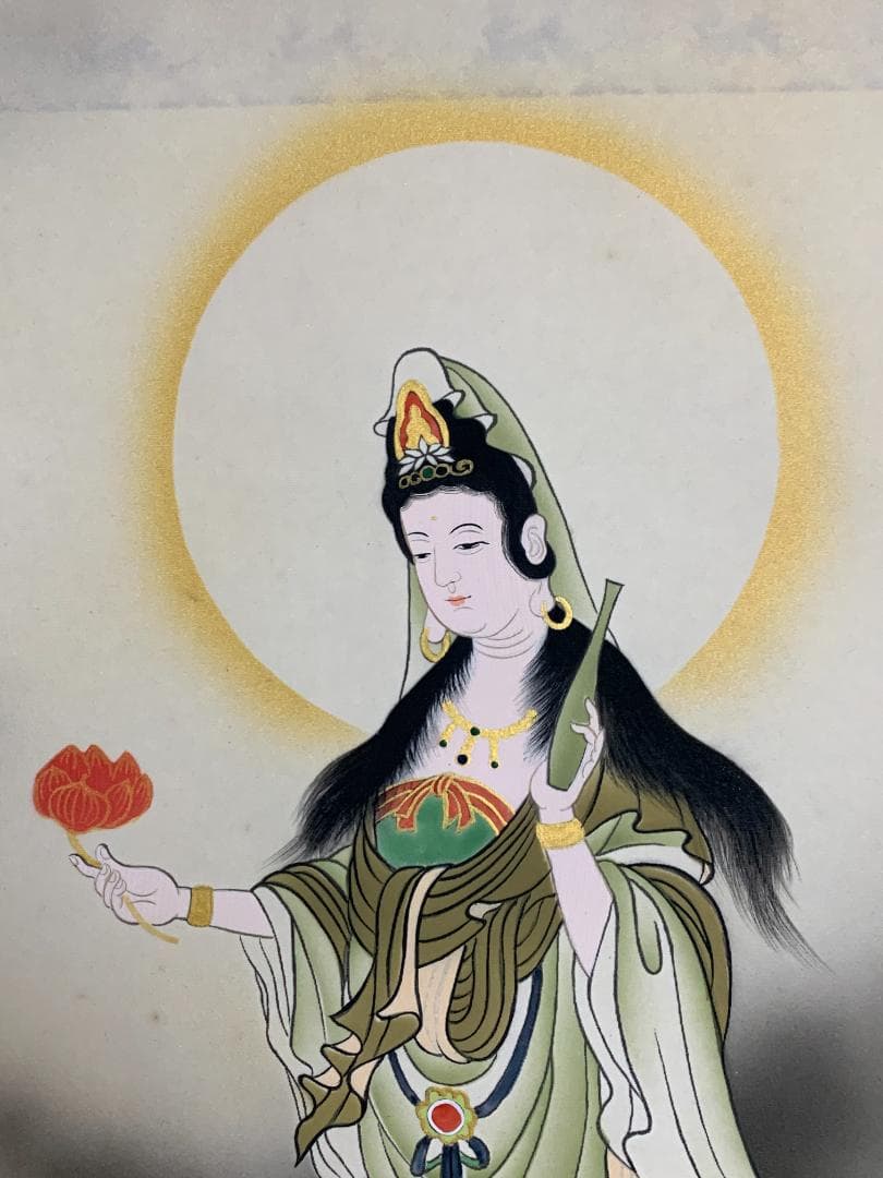 r*e様 嶋崎紫雲 龍雲聖観音 絹本肉筆 掛軸 共箱 仏画 日本画 504