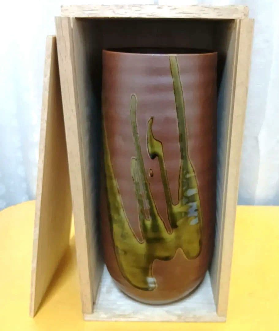 骨董品 花入 花器 花瓶 作家不明 赤釉 釉景色 共箱付き 茶道具 極美品‼️