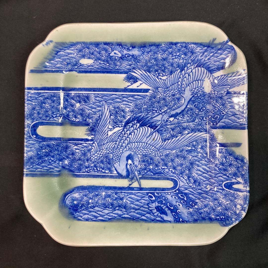 【美品】角皿 鶴松図 大皿 双鶴