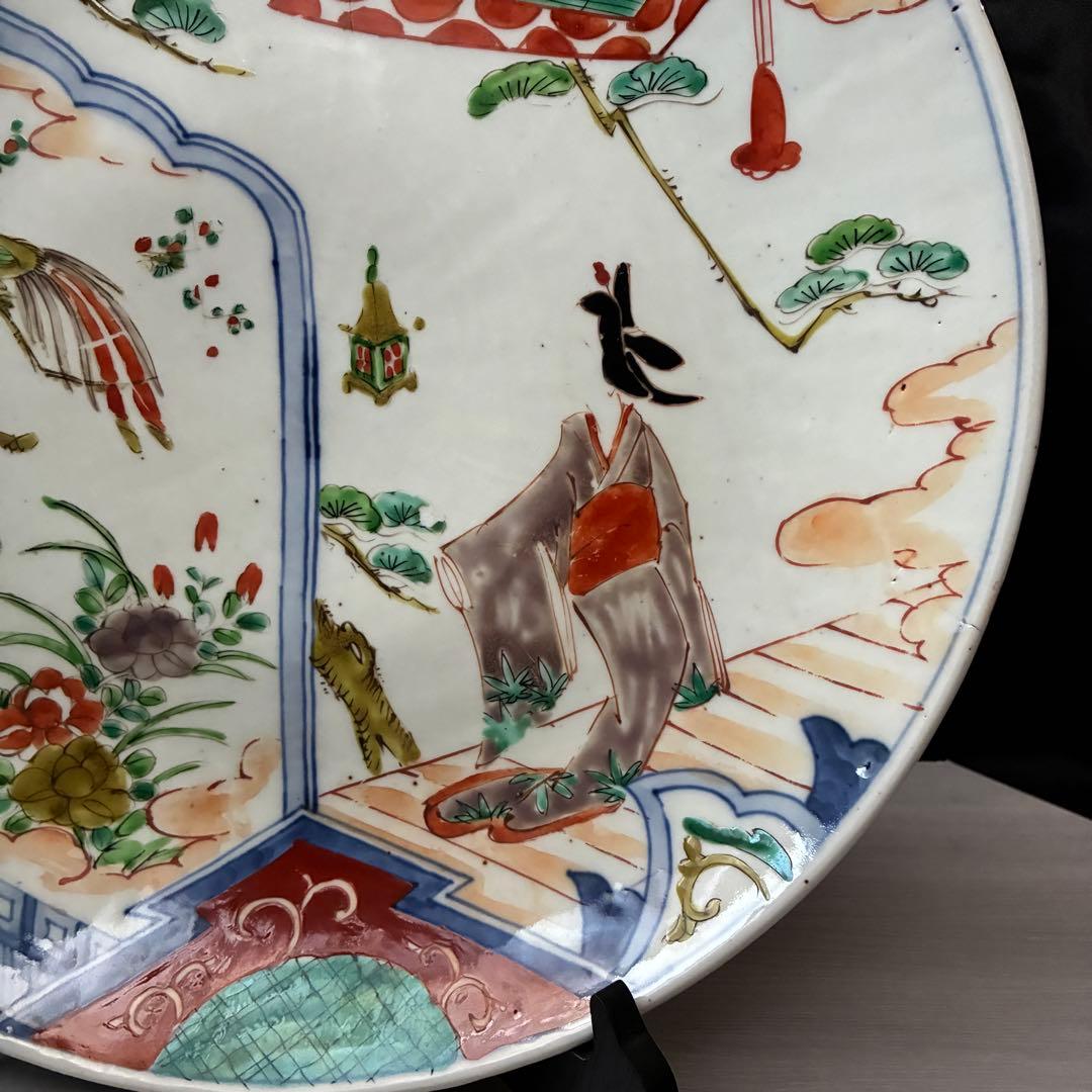 古い大皿　約34cm 色絵　美人図 鳳凰 飾皿 骨董　尺皿　インテリア　時代物