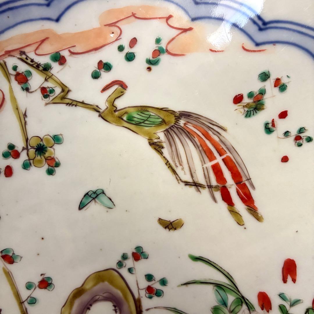 古い大皿　約34cm 色絵　美人図 鳳凰 飾皿 骨董　尺皿　インテリア　時代物