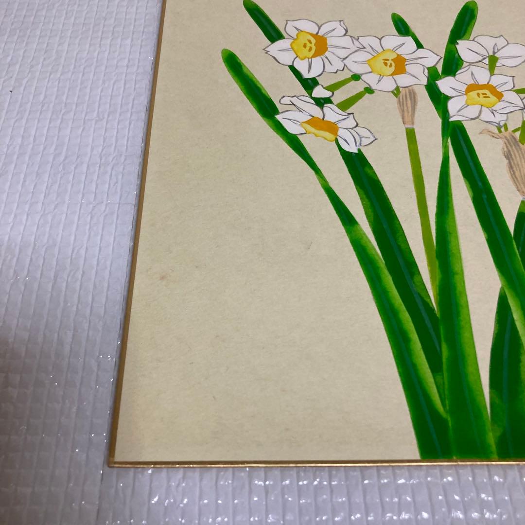 TS78 肉筆 色紙 水仙 安藤いく江（金へんに育）日本画 花鳥画 季節飾り