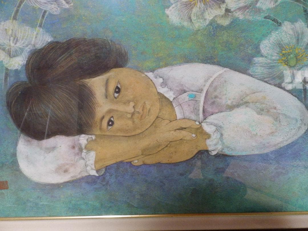 日本画 少女とポピー 約69cm x 61.5cm