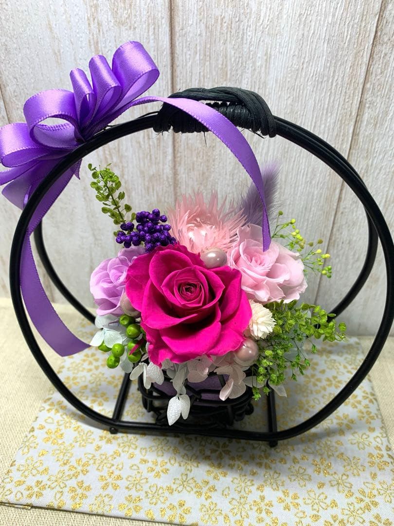 HANDMADE プリザーブドフラワー アレンジメント 花籠 薔薇