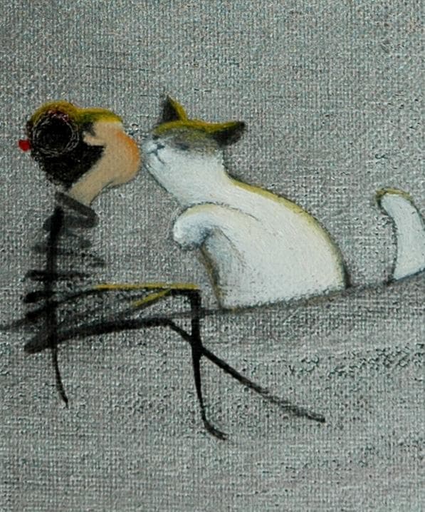 油絵 菅家令子絵 絵画インテリア額付(青緑＋金色の枠)F3-031019猫女の子