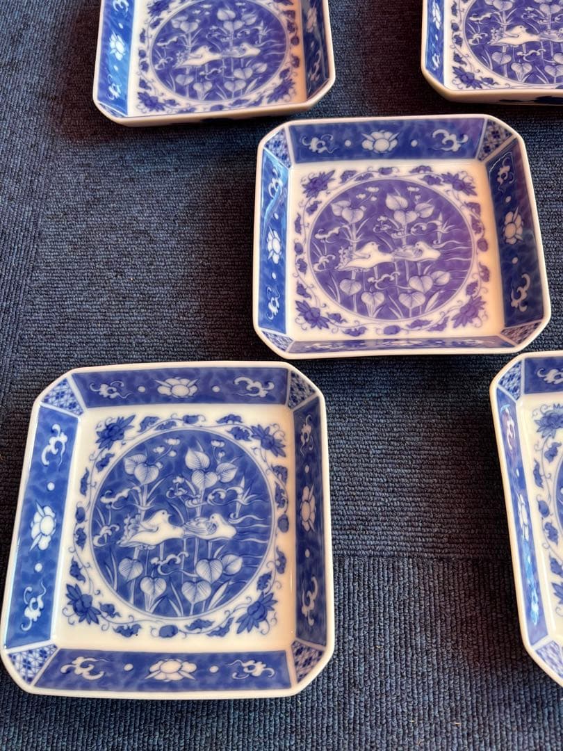 1039  深川製磁　時代物　角皿セット 染付オシドリ  5客　古美術品　未使用