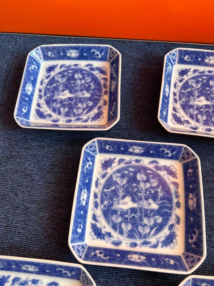 1039  深川製磁　時代物　角皿セット 染付オシドリ  5客　古美術品　未使用