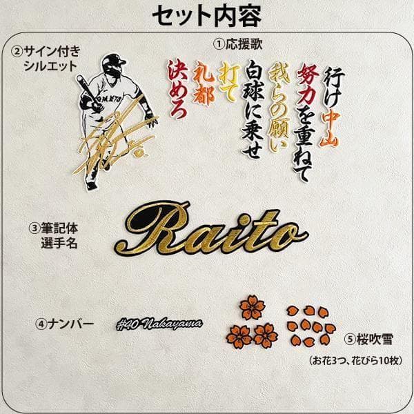 ジャイアンツ 巨人 中山礼都　刺繍ワッペン 5点セット 筆記体【白】オレンジ