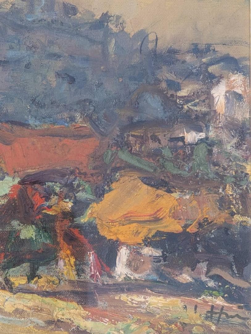 【真作】絵画　油彩4号　彩りの街並み　重厚なる油彩風景　鮮烈な色彩　Y129