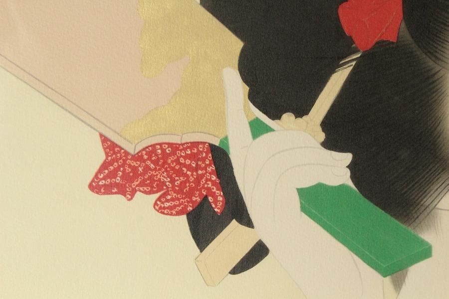 伊藤深水 木版画 350/179 額装 羽子板 美人 巨匠(K-YC667)