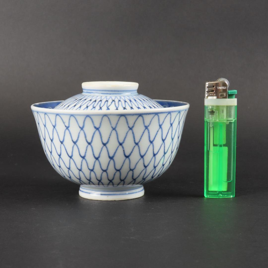 ⭕311 古伊万里 染付 網目文様 蓋茶碗２客 無傷 江戸時代/唐草文様