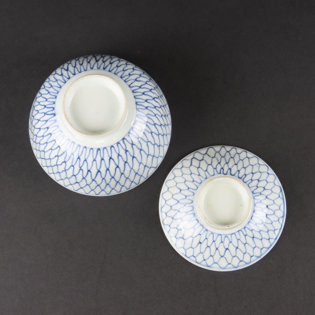 ⭕311 古伊万里 染付 網目文様 蓋茶碗２客 無傷 江戸時代/唐草文様
