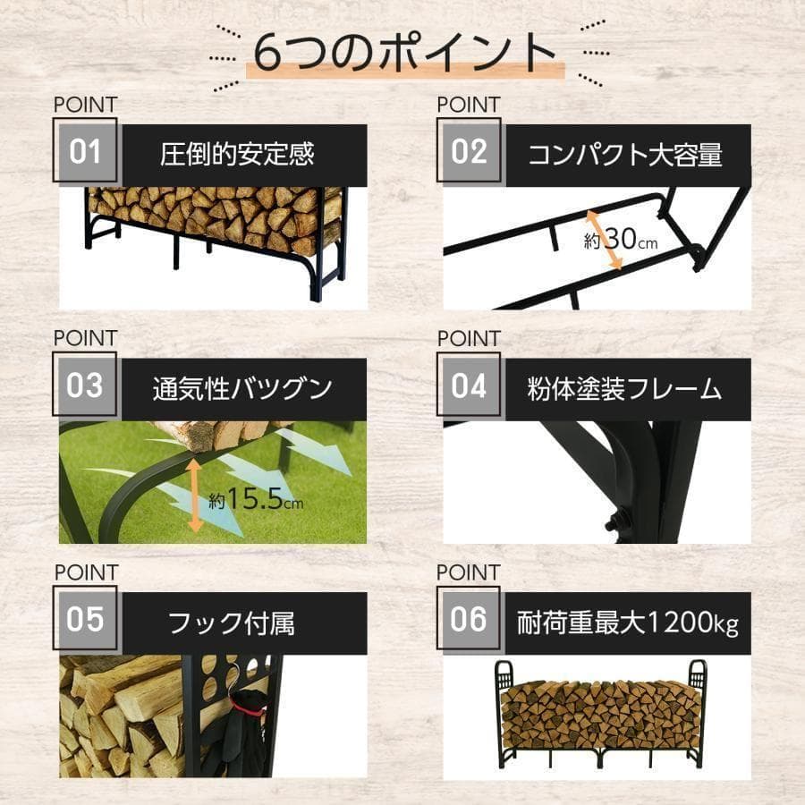 薪ラック スチール製 薪ストッカー 薪置き棚 幅200cm 耐荷重1200kg