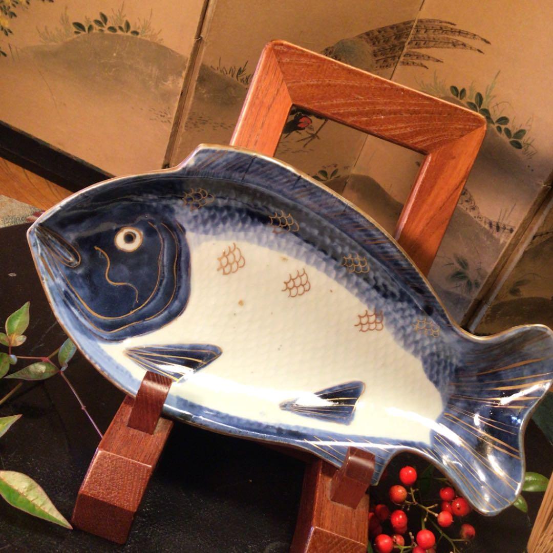 A 378 古伊万里　元禄　染付　金彩　鯛皿　変形魚型皿　1客