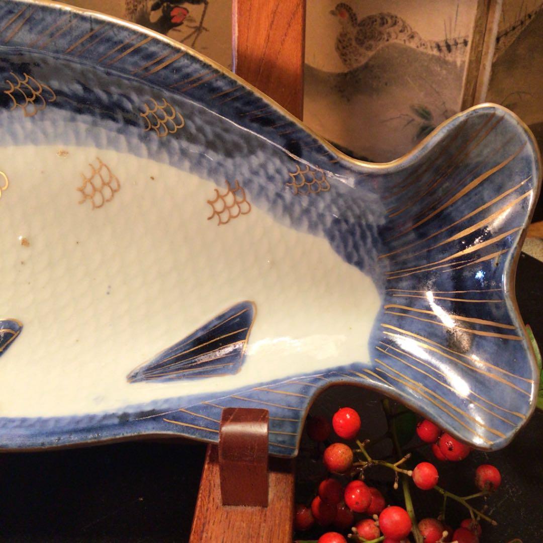 A 378 古伊万里　元禄　染付　金彩　鯛皿　変形魚型皿　1客