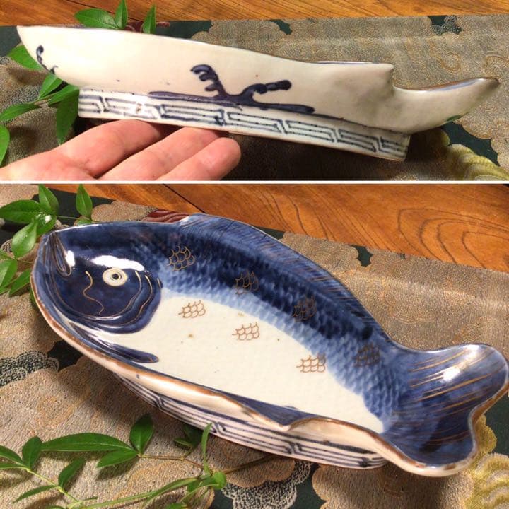 A 378 古伊万里　元禄　染付　金彩　鯛皿　変形魚型皿　1客
