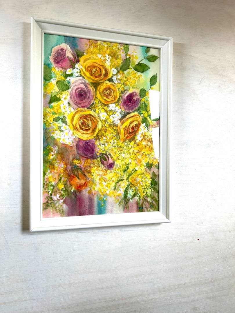 バラとミモザ　水彩画 A4サイズ ホワイト額入り