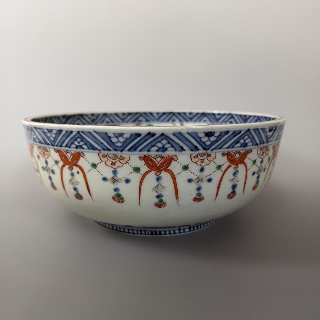 明治期 吉祥 花鳥 瓔珞紋 色絵伊万里 染付 重ね鉢 入れ子 深鉢 手彩色