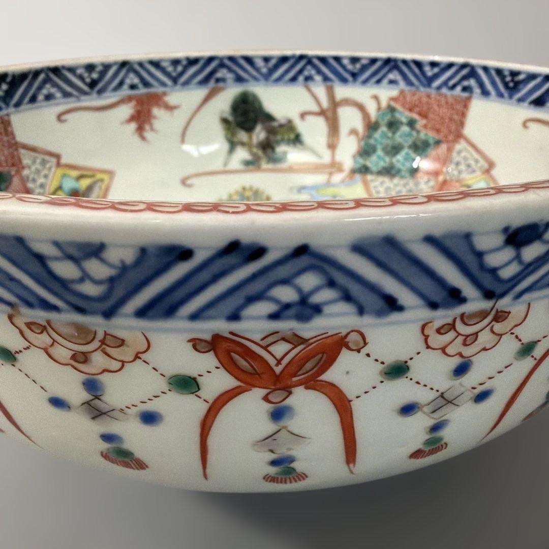明治期 吉祥 花鳥 瓔珞紋 色絵伊万里 染付 重ね鉢 入れ子 深鉢 手彩色