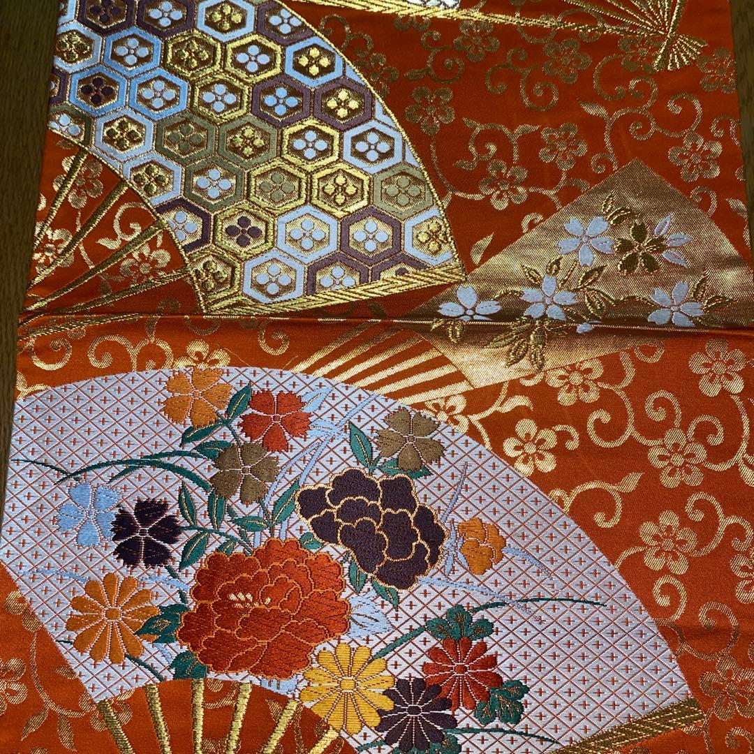 table runner 金彩扇面散らし　帯リメイク 長長尺　正絹