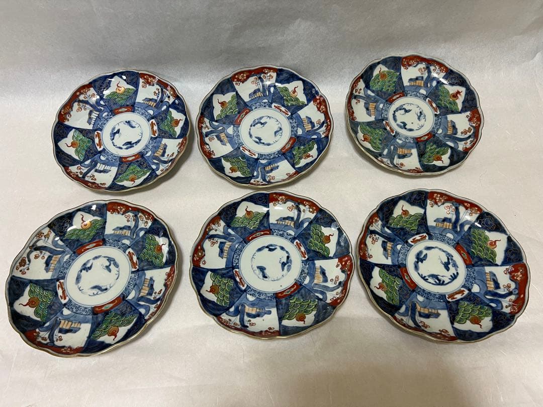 希少江戸時代 富長貴春 豆皿手塩皿 錦絵 色絵金彩時代物6点木箱あり直径21.5