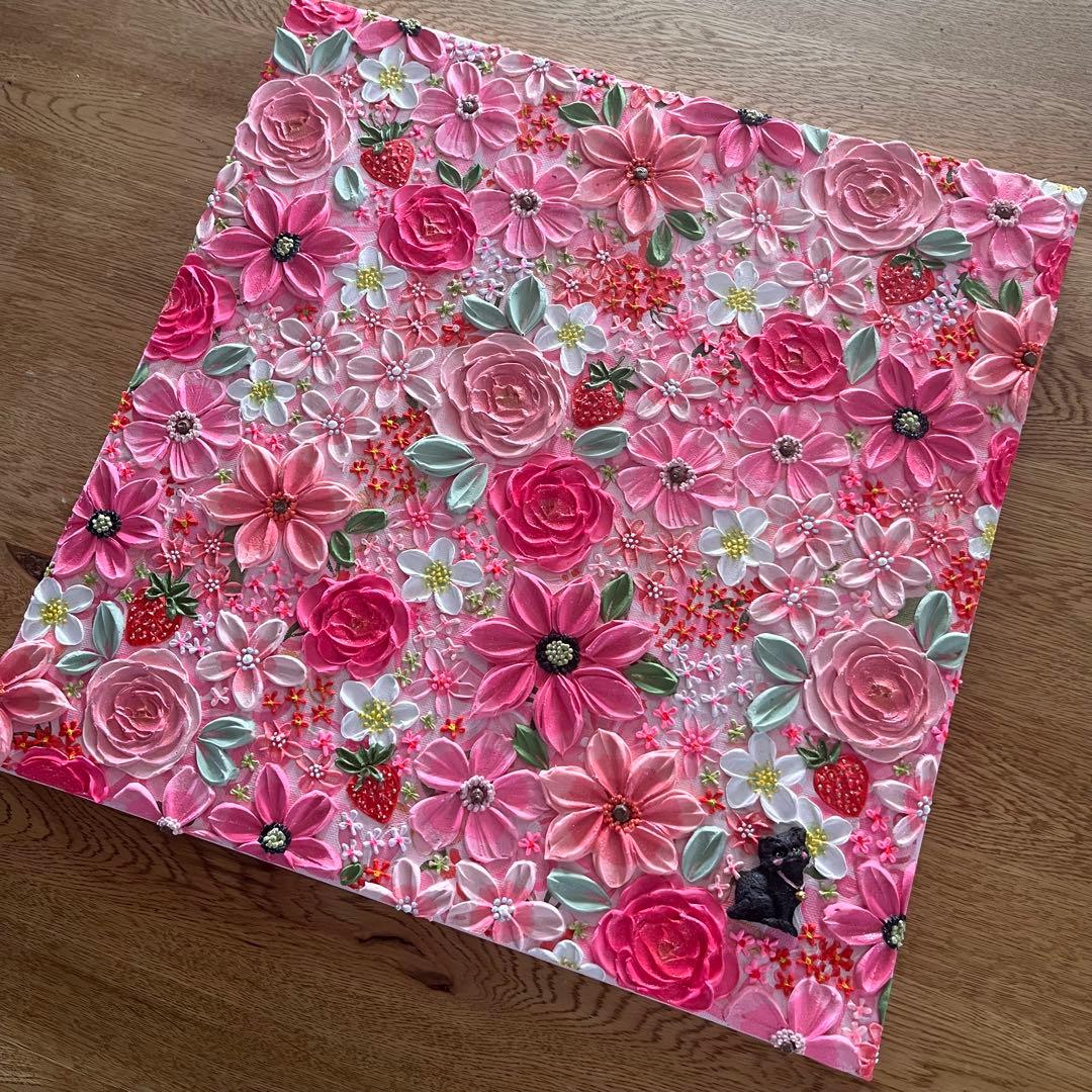 絵画 フラワーアート 花の絵 猫　苺 アートパネル　花柄　フランフラン