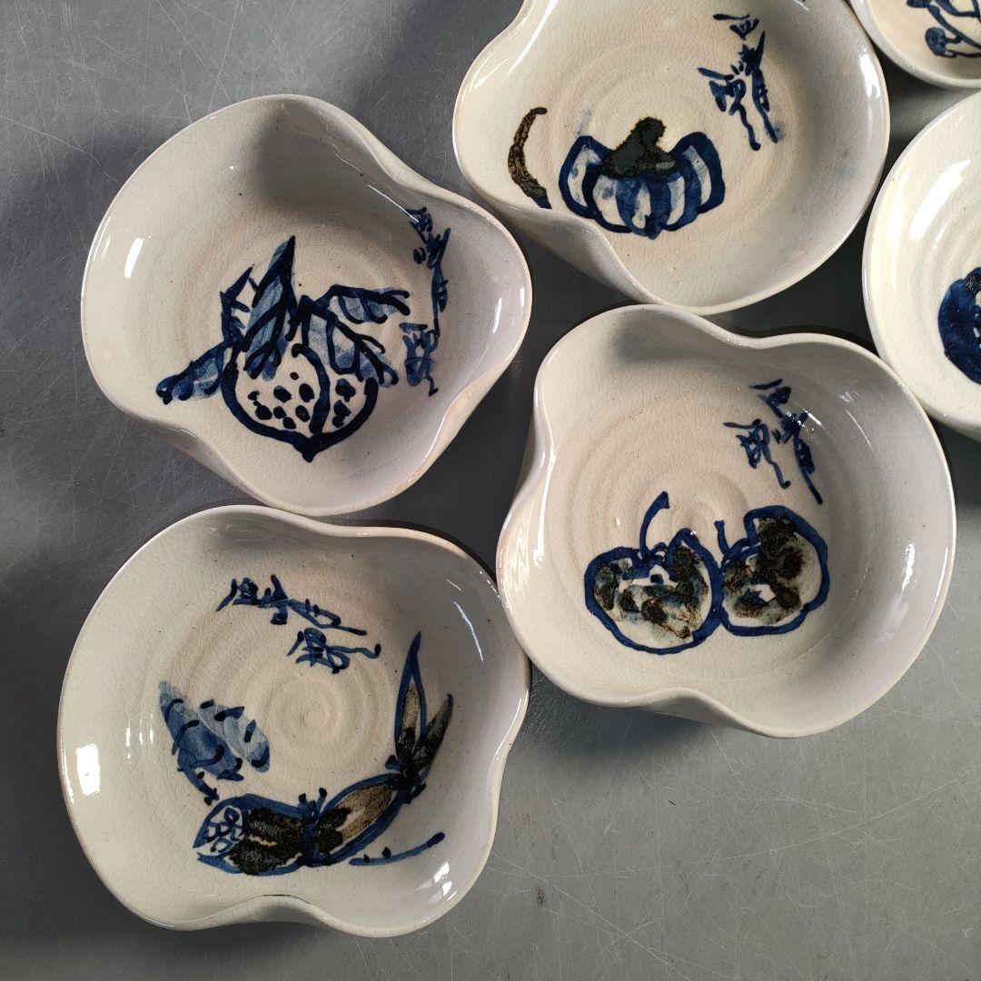 A1364-6/赤膚焼/尾西楽斎造/染付野菜果実文絵替銘々皿6客/飾皿/懐石道具