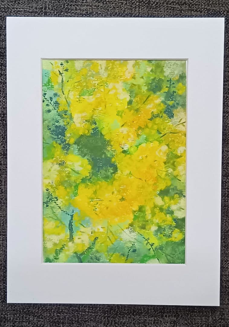 ミモザ　オイルパステル原画　2Lサイズ　【額付き】
